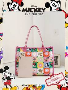 1 Pc Officially Licensed Disney Mickey & Friends Canvas Tote Bag, Large Capacity Shoulder Bag, Cute Cartoon Print Reusable Shopping Handbag, Casual Tote,For Women/Girls/Students/Fans/Young People,For School, Work, Travel, Grocery, Daily Use - Multicolor - View 5