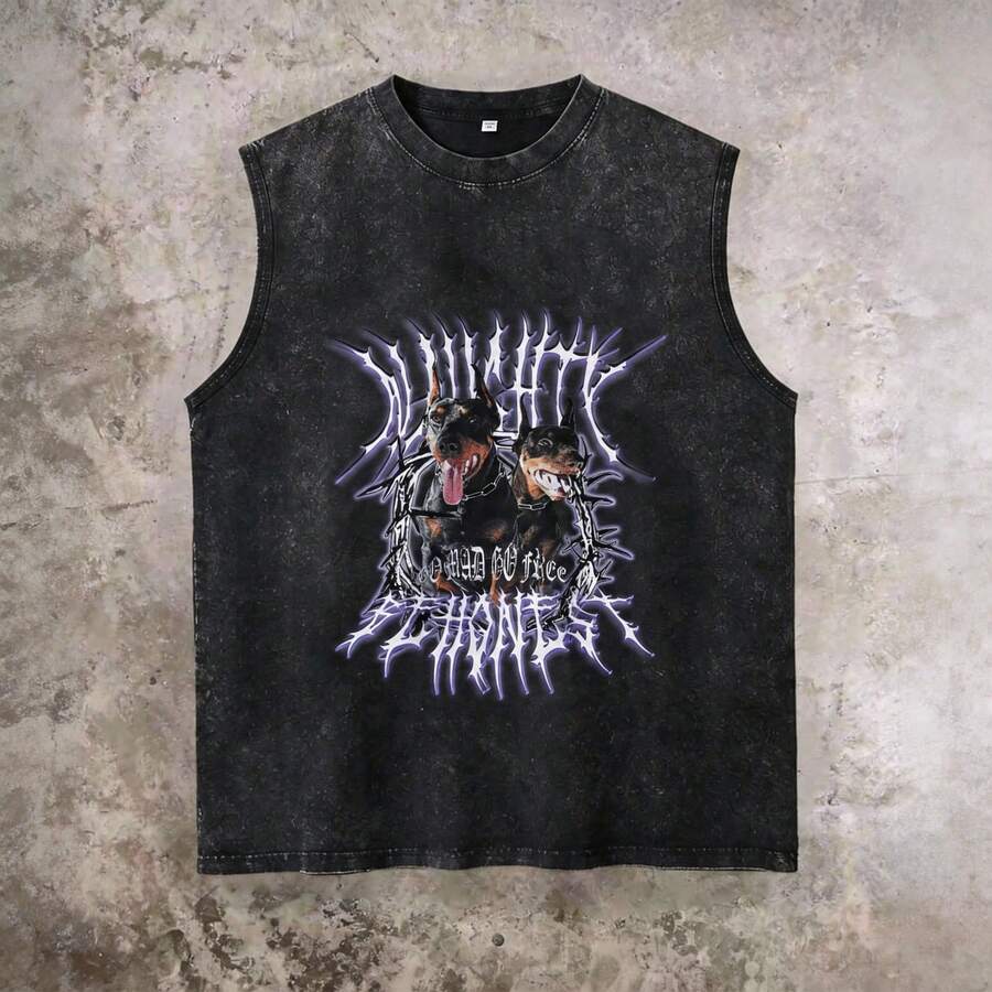 Men's Printed Vintage Washed Vest, Loose Fit, Casual Street Style, An Essential Everyday Item - Black 3 - View 1