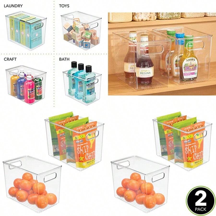 mDesign Plastic Deep Kitchen and Pantry Organizer Storage Bin with Handles for Cabinet Fridge Freezer - Food Storage Containers for Snacks Yogurt Pouches or Fruit Ligne Collection 2 Pack Clear - Transparente - Ver 1