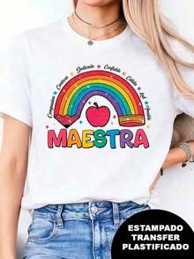 NewSummerCasualPlayera estampada con la palabra Maestra en colores, un arcoíris, una manzana y cualidades que tiene una maestra alrededor, esto con estilo de glitter pero es estampado, playera colorida, tierna, casual, cuello redondo, manga corta, ideal para llevarla a la escuela o al trabajo, holgada, a la moda, para uso diario. Camiseta unisex de algodón holgada de manga corta y cuello redondo estilo vintage urbano - Blanco - Ver 1