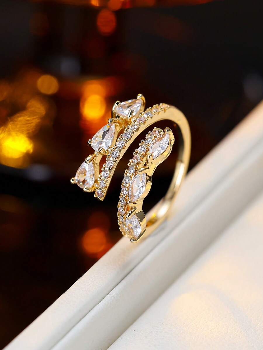 1pc Adjustable Ring, Silver Micro-Inlaid Water Drop Rhinestone Spiral Design, Unique Sparkling Accessory