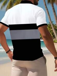 Polo a maniche corte da uomo con patchwork nero & bianco, stampa casual streetwear con motivo poker a picche, traspirante & confortevole per lo sport - nero - Visualizzare 2