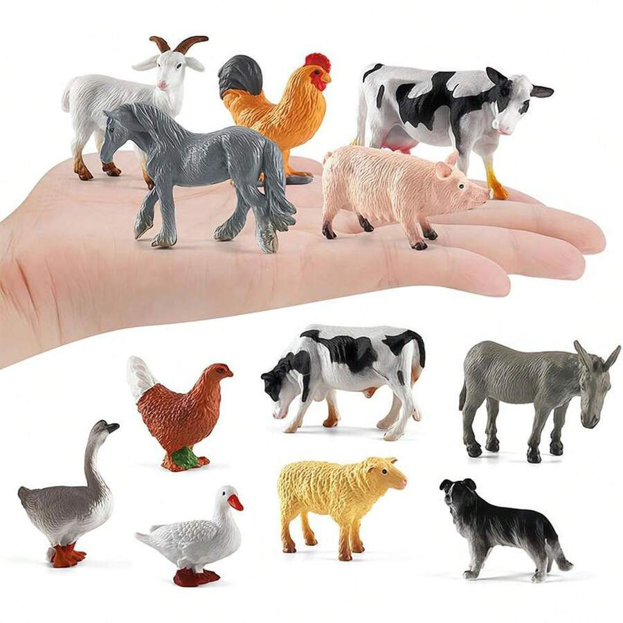 12pcs Miniature Farm Animal Figurines, Chicken, Duck, Goose, Sheep, Pig, Horse And Cow, Classroom Teaching Children Cognitive Development, Birthday Gift For Boys And Girls - Multicolor - View 1