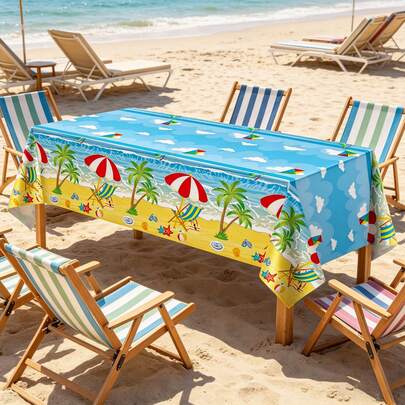 1pc/3pcs Summer Beach Theme Disposable Plastic Rectangular Tablecloth, Suitable For Birthday Beach, Camping, Swimming Party Decoration, 137*274cm