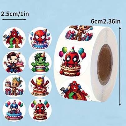  500pcs Marvel Superhero Birthday Sticker Roll, Circular Avengers Sticker, Suitable For Children's Birthday Party Gifts, Gift Bag Sealing Stickers, Marvel Party Stickers. Can Be Used As A Sealing Sticker For Birthday Invitation Cards.