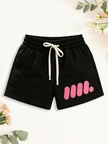 1pc Women's Printed Shorts, Elastic Waist Drawstring, Loose Fit Slimming, Pockets, Casual Outdoor Sports Home Versatile Pants, Summer - Black - View 7