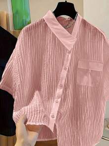 Women's Fashion Summer Casual Blouse, Shirt Collar, Asymmetric Hem, Front Button Closure, Woven Fabric Pink - Pink - View 1