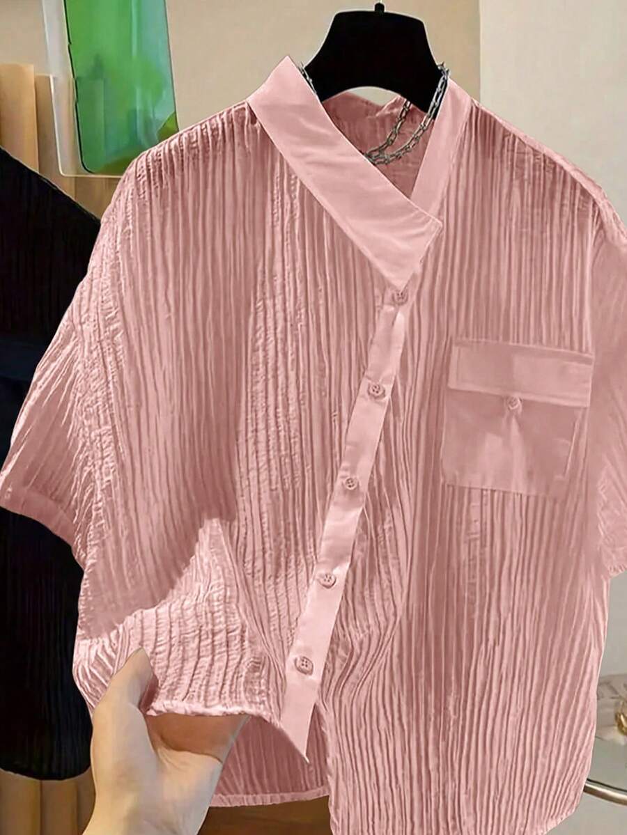 Women's Fashion Summer Casual Blouse, Shirt Collar, Asymmetric Hem, Front Button Closure, Woven Fabric Pink - Pink - View 1