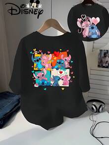 Disney-Themed Short-Sleeve T-Shirt Featuring Multiple Poses Of Stitch And Lilo In Blue And Pink, Paired With A Red Heart, Yellow Speech Bubble, And Gradient Background. This Warm And Cute Disney-Style Summer New Arrival Is - 黑色 - 查看 1
