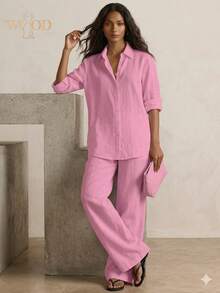 WOOD 2026 New Spring/Summer Bohemian Style Cotton-Linen Women's Two-Piece Set, Cotton-Linen Fabric, Moisture-Wicking, Breathable And Durable, Suitable For Daily Wear, Shopping, Dates, Commuting, Etc Mother's Day Gift - 粉紅色 - 查看 2