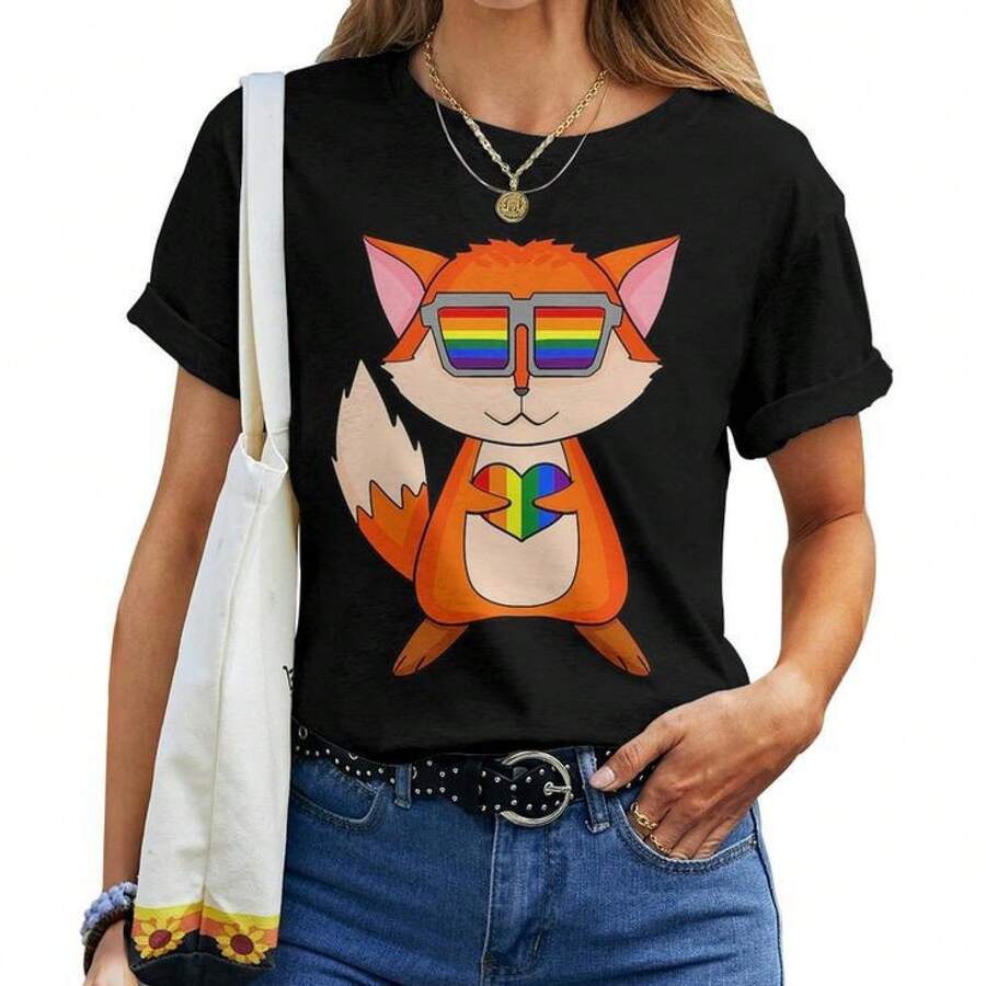 Lgbt Supporter Fox Rainbow Gay Pride Lgbt Heart Animal Women T-Shirt - Black - View 1