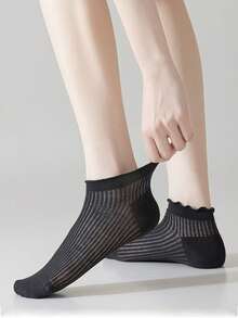 6 Pairs/12 Pairs Spring & Summer New Solid Color Minimalist Ruffle Edge Comfortable Thin Ribbed Socks, Essential For Sweet Style Outfit - Multicolor - View 3