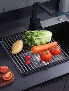Rejilla plegable y ahorradora de espacio para secar platos sobre el fregadero, de acero inoxidable resistente al calor, de estilo minimalista moderno en color gris rectangular antideslizante, adecuada para preparación en la cocina, artículos esenciales para apartamentos, limpieza de primavera, herramientas del hogar - Multicolor - Ver 3