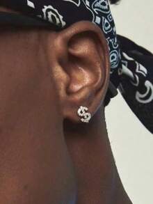 2 piezas Pendientes con signo de dólar de circonita, pendientes de moda versátiles de estilo punk para hombres - Pendientes de dólar - Ver 3