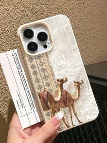 1PC Compatible With IPhone All Models, Middle Eastern Desert Camels, Milk Apricot Soft Frame, Phone Case, Ins Retro Exotic Style, Webbing Arabic Calligraphy Print, Full Protection & Precise Cutouts - White - View 3