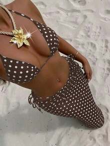 3pcs Polka Dot Print Halter Neck Black Bikini Set, Sexy Backless Summer Beach Swimwear For Women Vacation - Multicolor - View 15