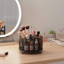 Soporte para brochas de maquillaje giratorio de 360° organizador de perfume de metal 4 compartimentos para almacenamiento de computadora organizador de maquillaje para cambiador - Negro - Ver 4