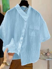 Damen Mode Sommer lässig Bluse, Hemdkragen, asymmetrischer Saum, Knopfverschluss vorne, gewebter Stoff - hellblau - Übersicht 2