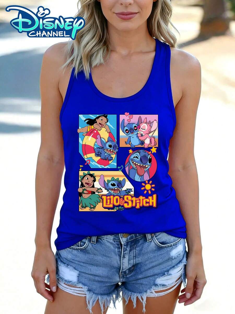 Autorización oficial de Disney | Camiseta sin mangas informal de cuello redondo para mujer. Estampada con Lilo & Stitch. Esta camiseta de corte holgado es ideal para fans de Disney de todas las edades, perfecta para vacaciones, salidas y para el día a día. - Azul - Ver 1