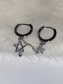 1pc Fashionable Tassel & Star Asymmetric Y2K Silver Tone Earring For Women - 銀色 - 查看 6