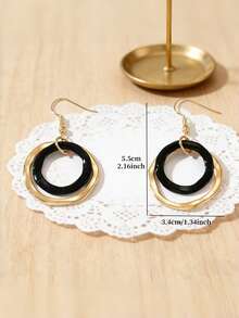 一对复古优雅黑金不对称几何圆形耳环，时尚几何圆形吊坠耳环，独特ins风耳环，女士款 - 金色 - 查看 2