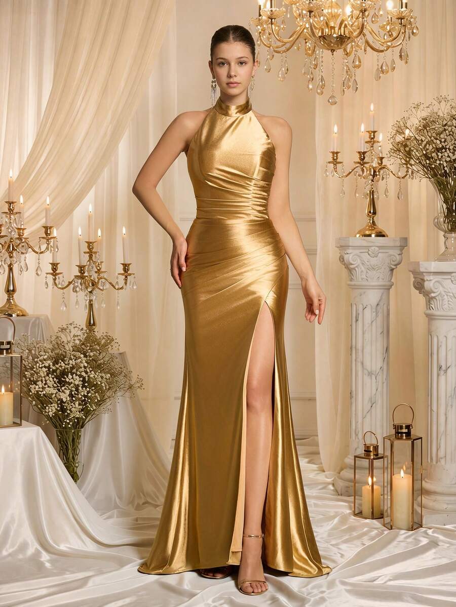 VIPGIRL Đầm dạ hội không tay cổ yếm sang trọng, quý phái với chất liệu kim loại vàng - Thiết kế thân áo xếp ly, eo ôm sát, xẻ tà cao bất đối xứng, dài chấm đất, phù hợp cho các buổi tiệc tối trang trọng và sự kiện thảm đỏ. - Rượu sâm banh - Xem 1
