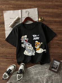 SHEIN X Tom & Jerry 夏季女款短袖T恤，經典卡通角色音樂主題趣味印花搭配品牌字母設計，休閒風 - 黑色 - 查看 5