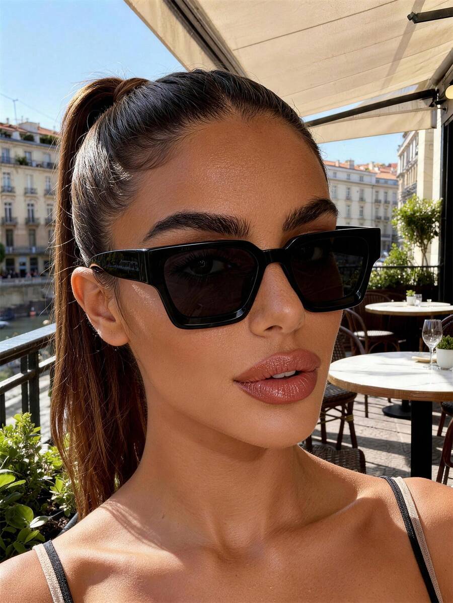 1 pieza Gafas decorativas de moda unisex, patrón de unicolor, estilo casual, montura cuadrada, adecuadas para uso diario, conducir, pescar, viajar, combinar con atuendos, senderismo, playa de verano, coordinación de ropa, fotografía callejera, varios festivales, adecuadas como regalo, se adapta a todos los tipos de rostro, gafas de alta calidad, accesorio de moda - 1 película gris con marco negro - Ver 1