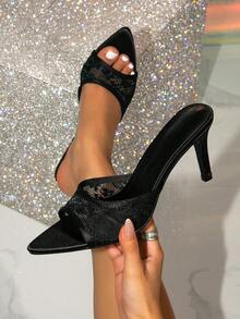 Women's Black Lace Mesh High Heel Mule Sandals - Black - View 1