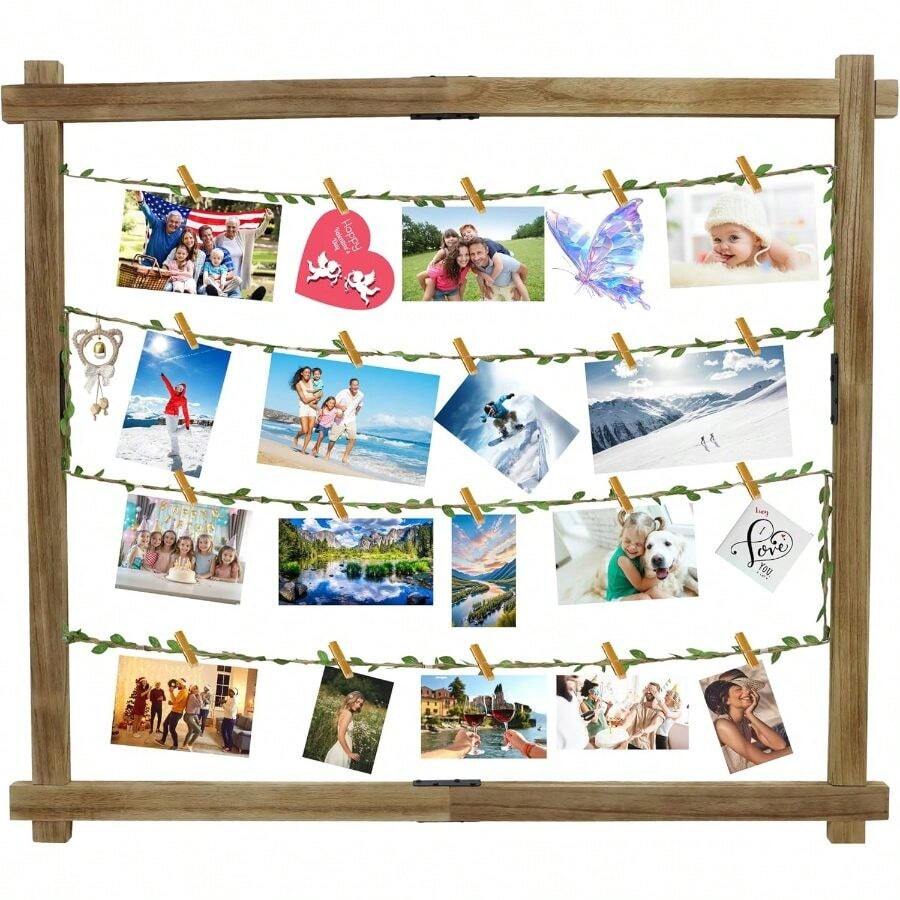 Photo Display Board With 35 Clips Wooden Picture Frame Collage Decor Table Wall Hanging Decoration Pictures Organizer Wood Holder Hanging Photos, Artworks, Postcards, Greeting Cards (Wood) - 木頭 - 查看 1