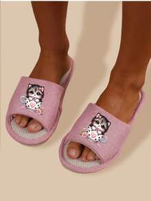 Open-Toe Slippers, New Spring/Autumn/Winter Animal Print Couples Slippers, Cute Animal Design, Linen Breathable Fabric, Home/Holiday Gift - Pink - View 3