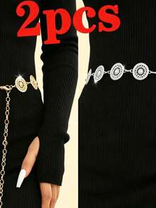 Metal Chain Decor Waist Belt, Minimalist Versatile Waist Chain Accessory For Dresses, Hollow Circle Design - Multicolor - View 6