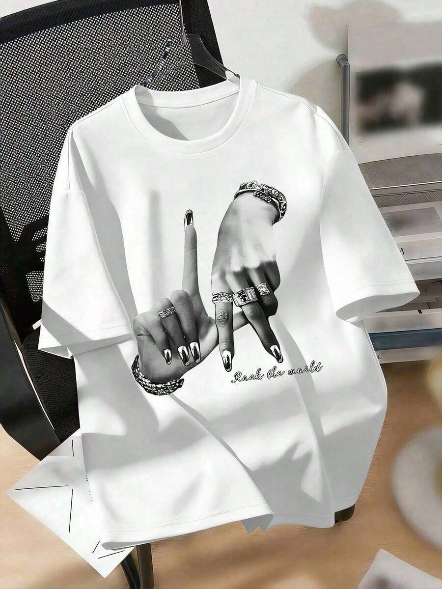 Women's T-Shirt With LA Hand Print, Y2K Urban Casual Style, Comfortable T-Shirt, Relaxed Style, Urban Clothing, White Autumn T-Shirts, Summer Vintage Urban Style, Unisex Loose Cotton Short Sleeve Crew Neck T-Shirt - 白色 - 查看 1