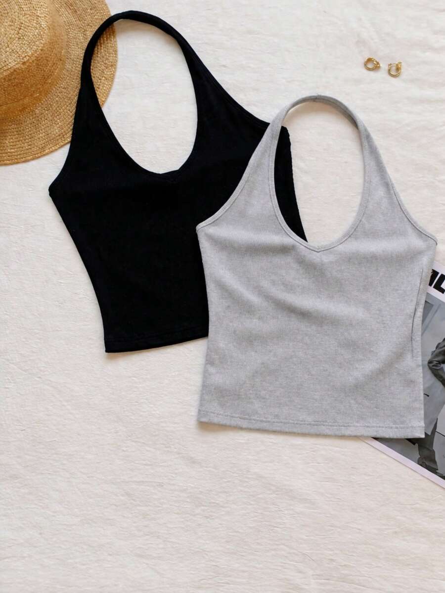 Women's Ribbed Knit Backless Fitted Halter Top, Stretchy Summer Essential - Grey - View 1