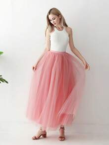 Women's High Waist Floor-Length Tulle Skirt In Dusty Pink And Champagne, Suitable For Weddings, Banquets, Performances, Parties, And Costume Play Decorative Skirts, As Well As Stage Performance Skirts - Multicolor - View 2
