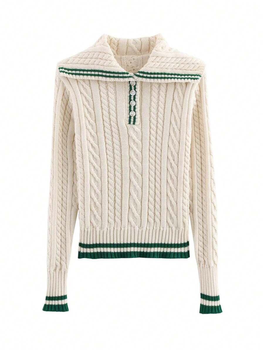 Eight-Strand Cable-Knit Sweater + Wide Pleated Knit Mini Skirt Set - Beige Top - View 1