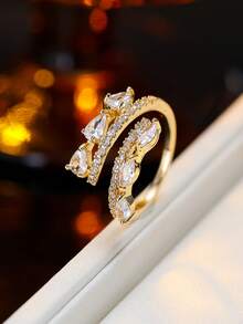 1pc Adjustable Ring, Silver Micro-Inlaid Water Drop Rhinestone Spiral Design, Unique Sparkling Accessory - Open Ring - View 7