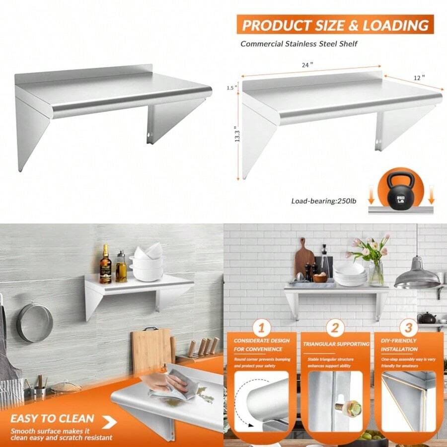 Estante comercial de acero inoxidable de 12 x 24 pulgadas estante de almacenamiento de servicio de alimentos estante de metal resistente de 250 libras para cocina restaurante camión de alimentos cochera lavadero - 12x24 - Ver 1
