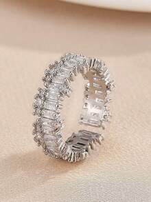 5pcs Fashion Cubic Zirconia Open Copper Ring Set Suitable For Women Wedding Party Wear Holiday Gift (Gift Box Not Included) - Silver - View 8