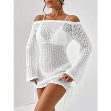 Spring/Summer Vacation Off-Shoulder Double Drawstring Pleated Design Dress Hollowed-Out Beach Cover-Up Textured Bodycon Skirt - White - View 9