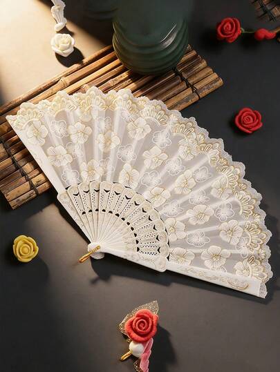 Elegant White Lace Floral Hand Fan With Gold Embroidery - Vintage Spanish Style Folding Fan For Wedding, Party & Summer Events