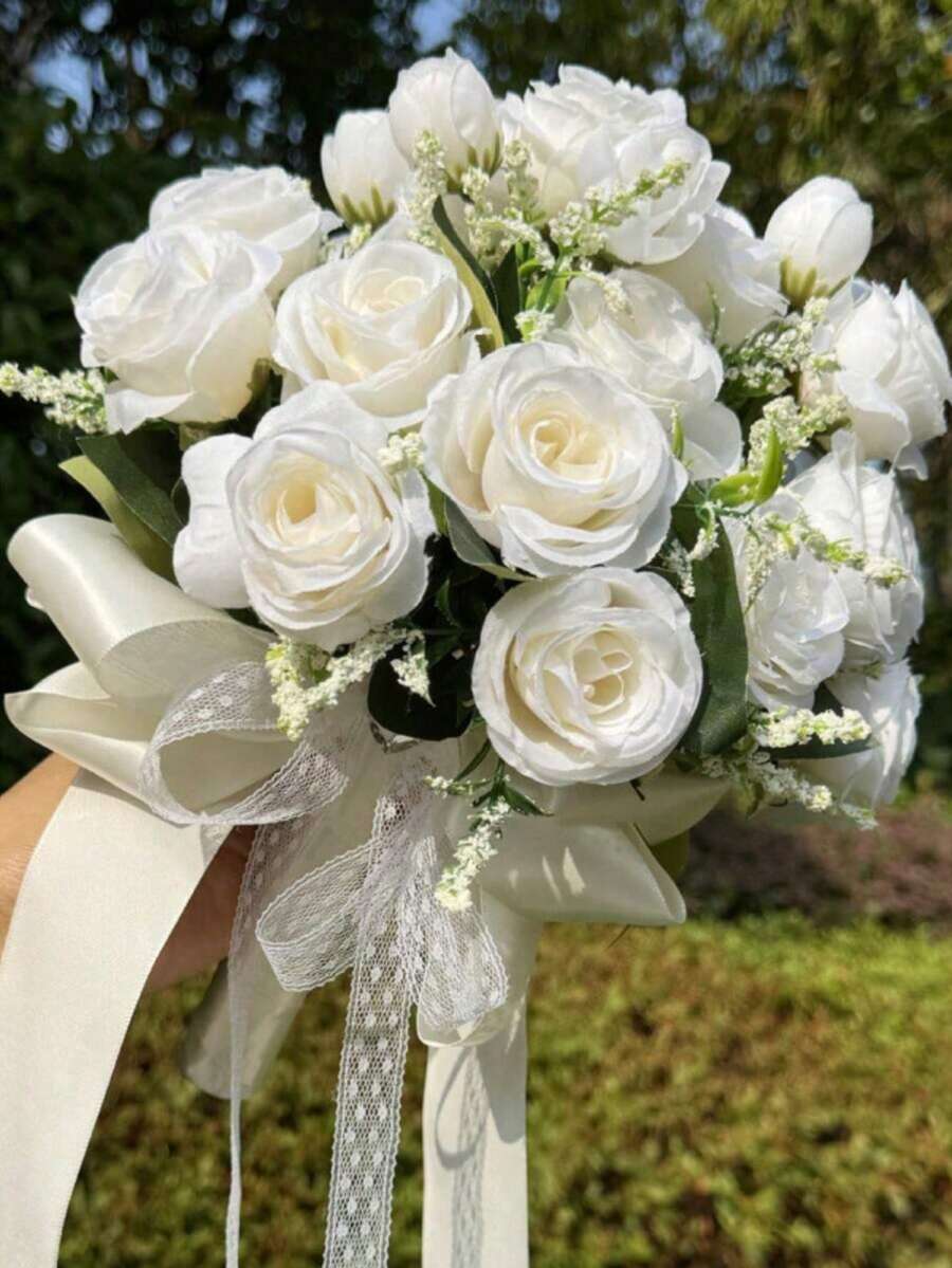1件伴娘捧花蕾丝边玫瑰花束人造花束，适用于婚礼和情人节 - 彩色 - 查看 1