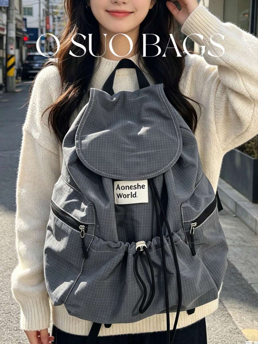 Large Capacity Fashionable Plaid Multi-Pocket Nylon Casual Backpack, Waterproof Lightweight Foldable Drawstring Patch Letter Travel Bag, Summer