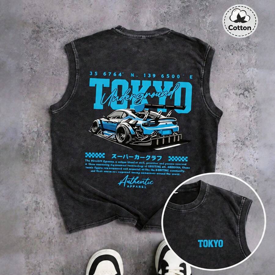 Men's Printed Vintage Washed Vest, Loose Fit, Casual Street Style, An Essential Everyday Item - Black 3 - View 1