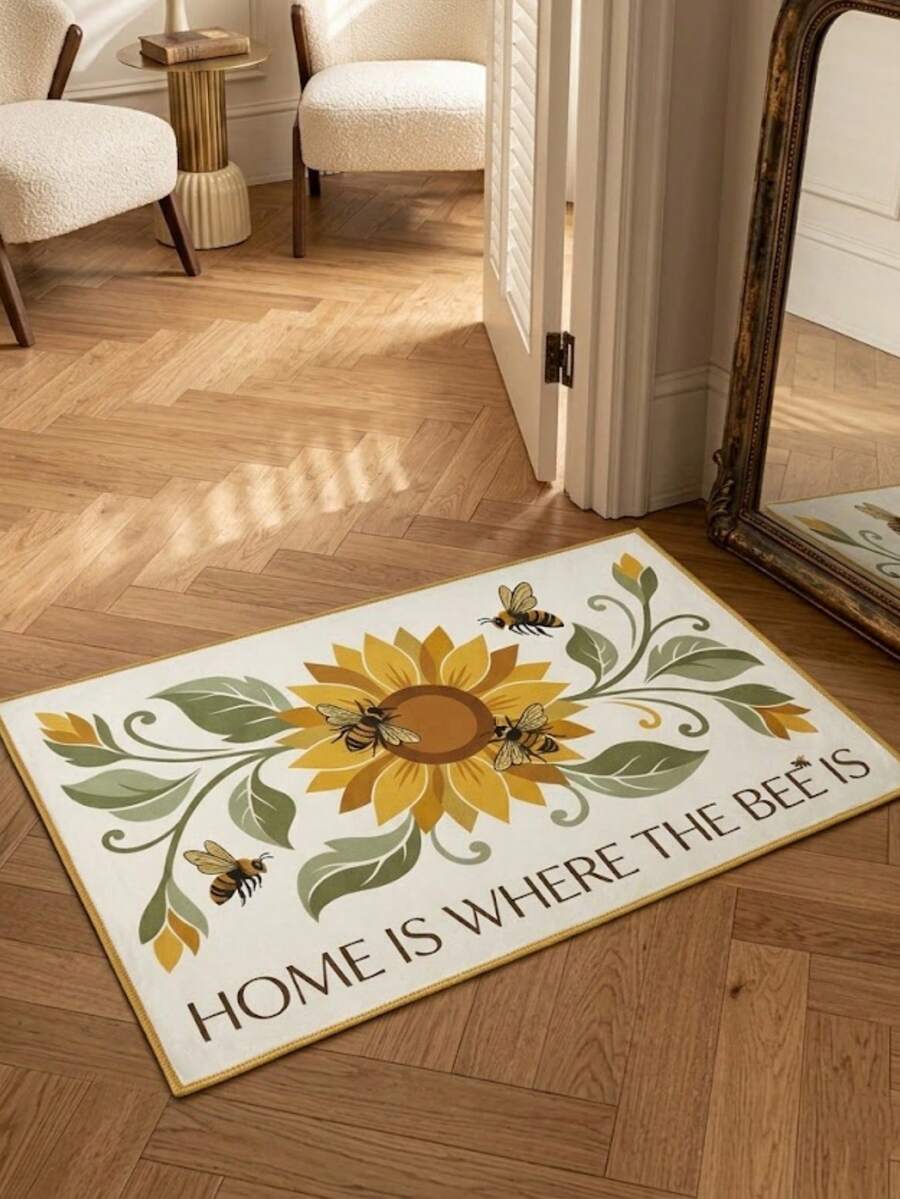 1pc Absorbent Soft Skin-Friendly Carpet, Sunflower & Bee Pattern Entrance Mat, Popular Spring/Summer Decorative Rug, Doormat, Small Carpet, Welcome Mat, Carpet, Mat, Outdoor Doormat, Kitchen Rug, Home Decor, Front Door Mat, Area Small Rug, Outdoor Mat, Home Decor, Area Rug, Garden Carpet, Washable Rug