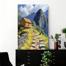 1 pieza decon estampado de viaje Machu Picchu con marco - , paisaje montañoso vibrante con camino de piedra, marco depara decoración del hogar, regalo perfecto para amantes del arte, pieza de acento para el hogar | Arte de paisaje vibrante | Marco deduradera, decoración de pared - Enmarcado - Ver 2