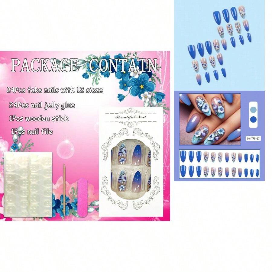 Press On Nails Almond Shaped Glossy Full Cover Acrylic French Medium False Nails With Designs Artificial Fake Nails With Charms Glue Ons Almond Fingernails For Women Girls(DY1798) - 藍百合 - 查看 1