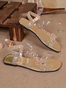 Giày sandal đế bằng đính pha lê lấp lánh, kiểu dáng thanh lịch dành cho nữ tuổi teen, quai trong suốt, quai sau co giãn, mũi vuông, thích hợp cho các buổi tiệc hoặc các dịp thường ngày. - Vàng - Xem 9