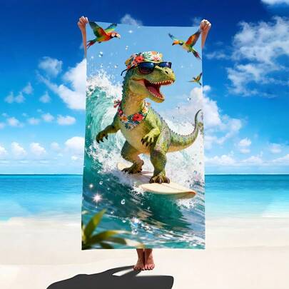 1pc Surfing Tyrannosaurus Rex Beach Towel, Super Soft Microfiber Extra Large Beach Blanket, Super Absorbent Bath Towel, Suitable For Travel, Swimming Pool, Diving, Surfing, Yoga, Camping, Available In Multiple Sizes, Beach Accessories For Beach, Pool, Travel, Camping, Yoga