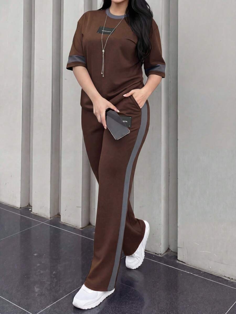 女款新款圓領短袖T恤與彈性腰鬆身長褲2件套,休閒日常穿搭,春/秋/夏 - 咖色235 - 查看 1